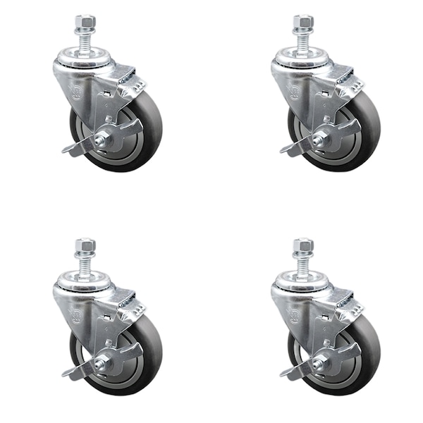 Service Caster 4 Inch SS Thermoplastic Rubber Swivel 1/2 Inch Threaded Stem Caster Set Brake SCC SCC-SSTS20S414-TPRB-TLB-121315-4 - main